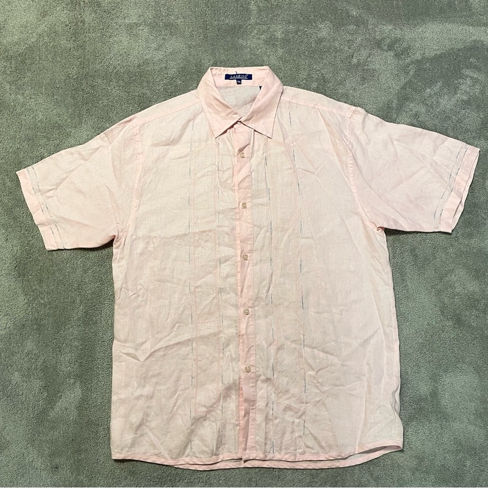 Lanzino Button Up Shirt Mens XXL Linen Short Sleeve Embroidered Pink